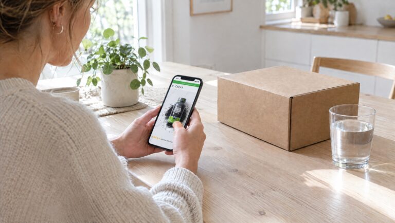 Woman browsing the Orzax online store on her smartphone at a kitchen table, with a delivery box beside her